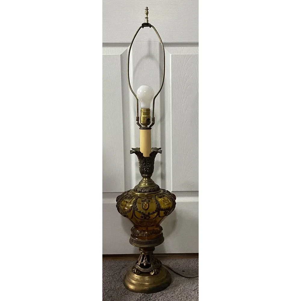 Vintage‎ Amber Glass&Brass Table Lamp Falkenstein Hollywood Regency Jeweled Lamp
